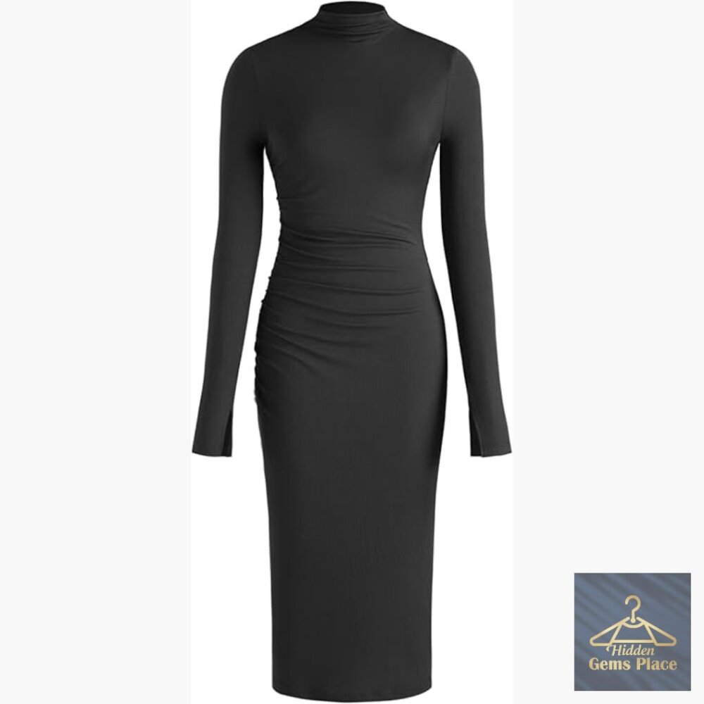 Long Sleeve Ribbed Knit Bodycon Midi Dress High Neck Ruched Cocktail Party